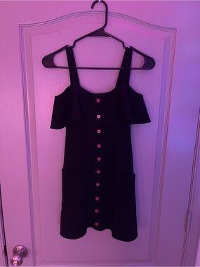 Rosie Harlow Black Ruffle-Front Mini Dress with Pink Heart Buttons